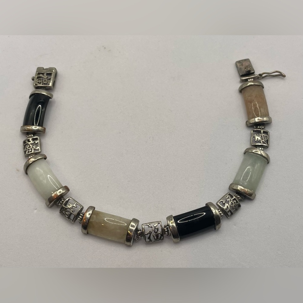 Vintage Multi Color Jade Stone Silver Plated Linked Bracelet